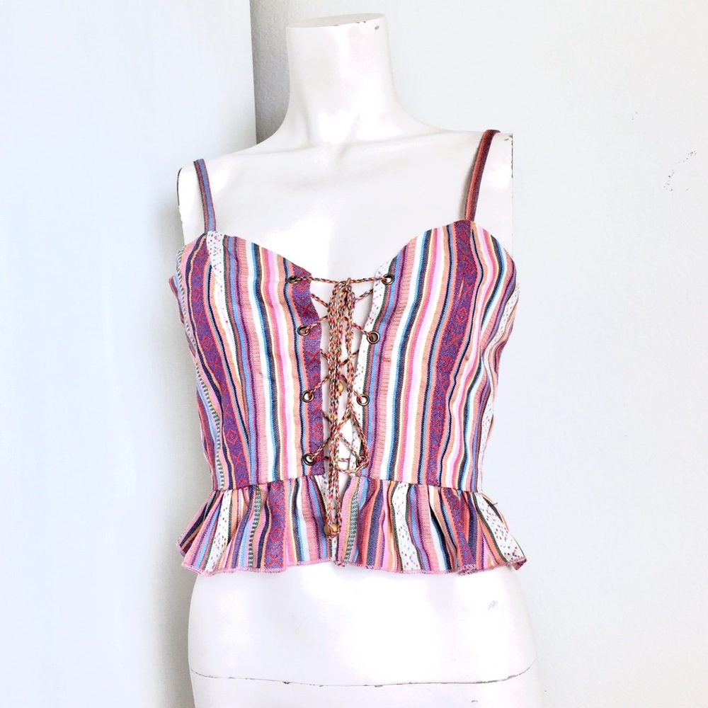 NWT LF Lace Up Striped Festival Top - Picture 3 of 5